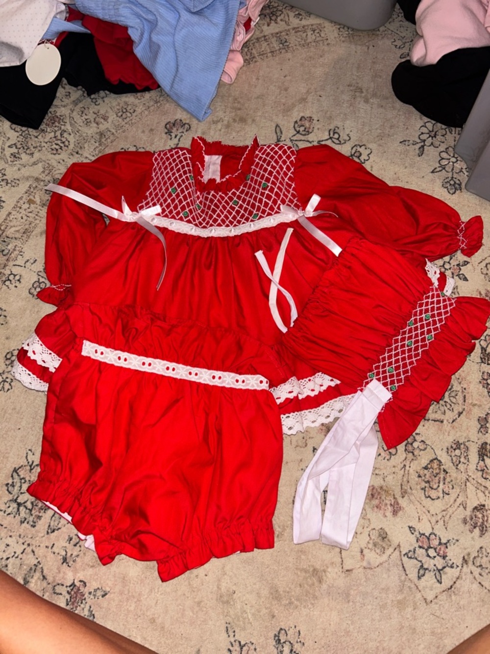 Red Girls' Prairie Matching Set Halloween Costume with White Trim